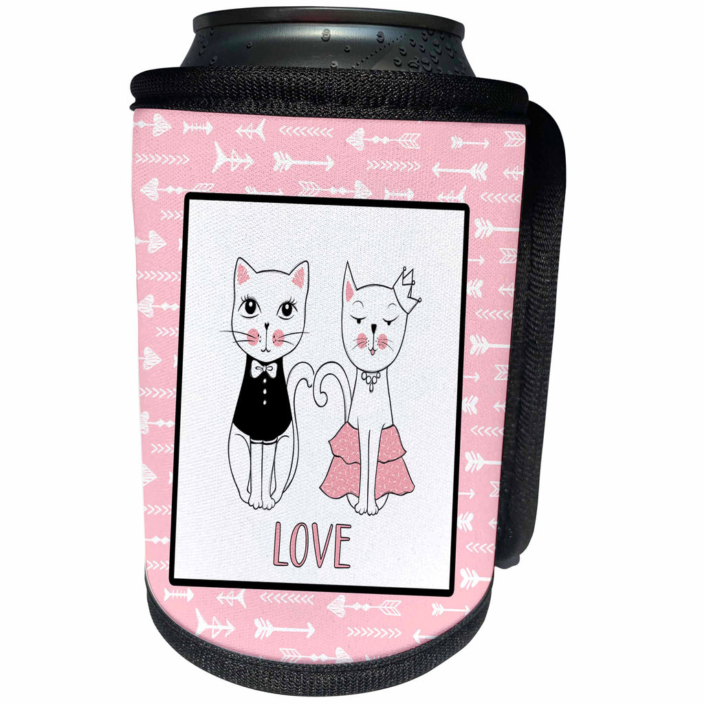 3dRose Uta Naumann Sayings and Typography - Cute Pink Scandi Chic Couple Cats Illustration and Pattern - Love - Can Cooler Bottle Wrap (cc_289966)