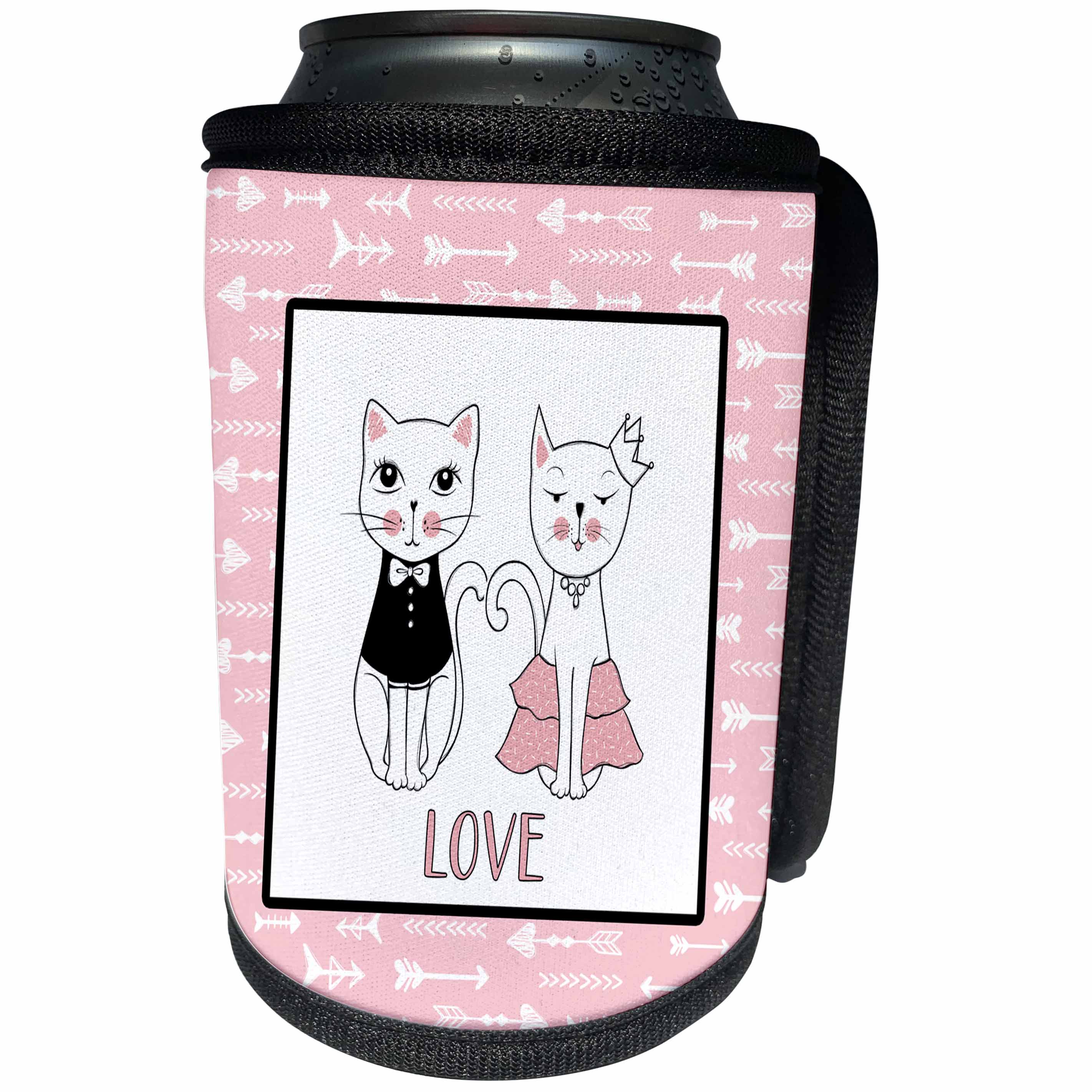 3dRose Uta Naumann Sayings and Typography - Cute Pink Scandi Chic Couple Cats Illustration and Pattern - Love - Can Cooler Bottle Wrap (cc_289966)