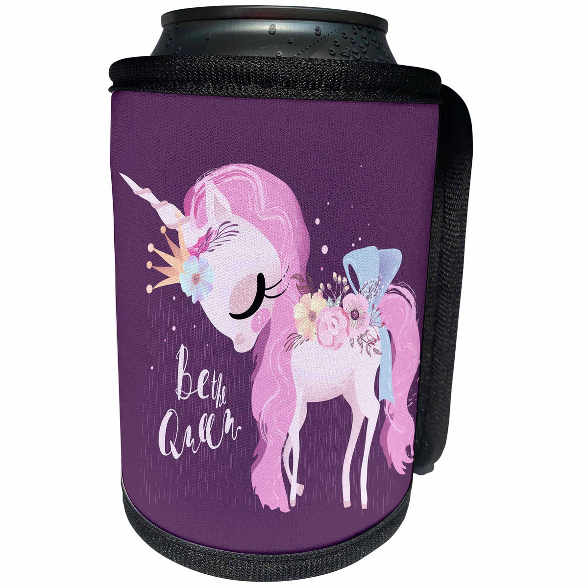 3dRose Uta Naumann Sayings and Typography - Cute Black Flower Unicorn Illustration and Typography - Be The Queen - Can Cooler Bottle Wrap (cc_289969)