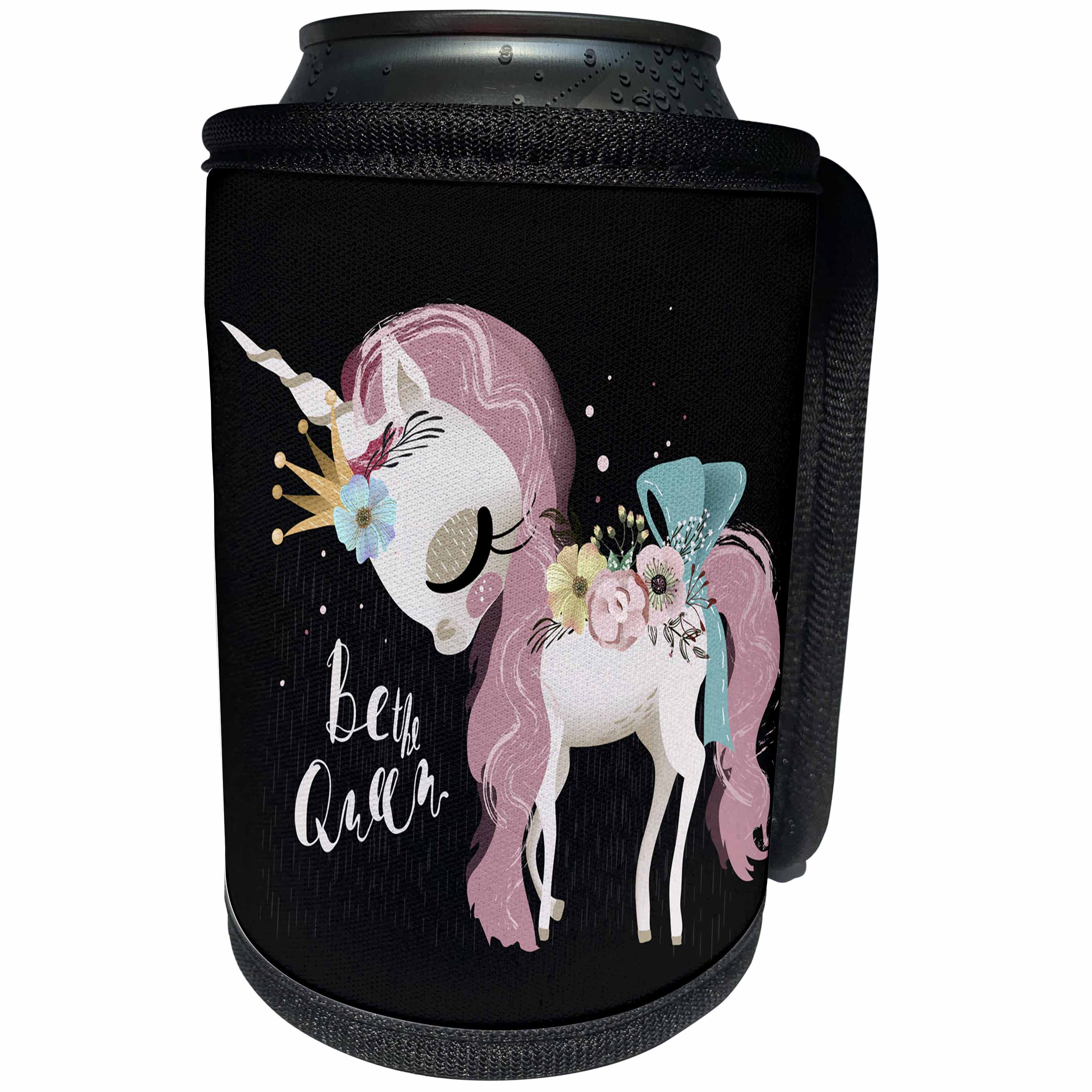 3dRose Uta Naumann Sayings and Typography - Cute Girly Flower Unicorn Illustration and Typography - Be The Queen - Can Cooler Bottle Wrap (cc_289972)