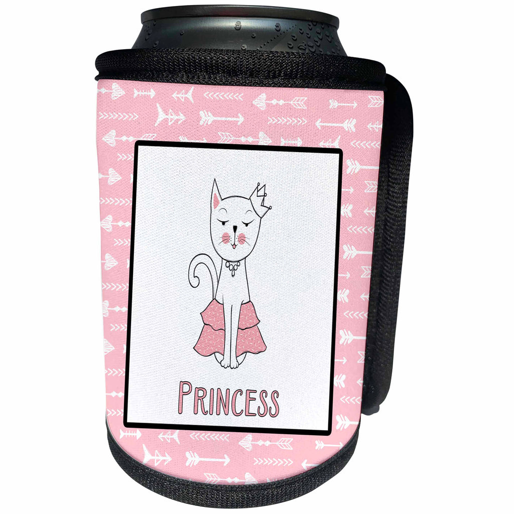 3dRose Uta Naumann Sayings and Typography - Pink Scandi Chic Princess Girl Cat Illustration Pattern - Princess - Can Cooler Bottle Wrap (cc_289988)
