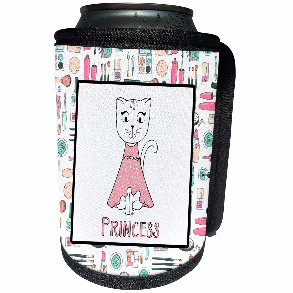 3dRose Uta Naumann Sayings and Typography - Pink Scandi Cosmetics Princess Girl Cat Illustration And Pattern - Can Cooler Bottle Wrap (cc_289997)