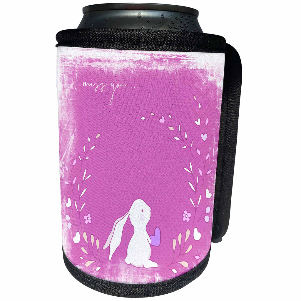 3dRose Uta Naumann Sayings and Typography - Cute Pink Watercolor Animal Bunny Illustration - I Miss You - Can Cooler Bottle Wrap (cc_290005)