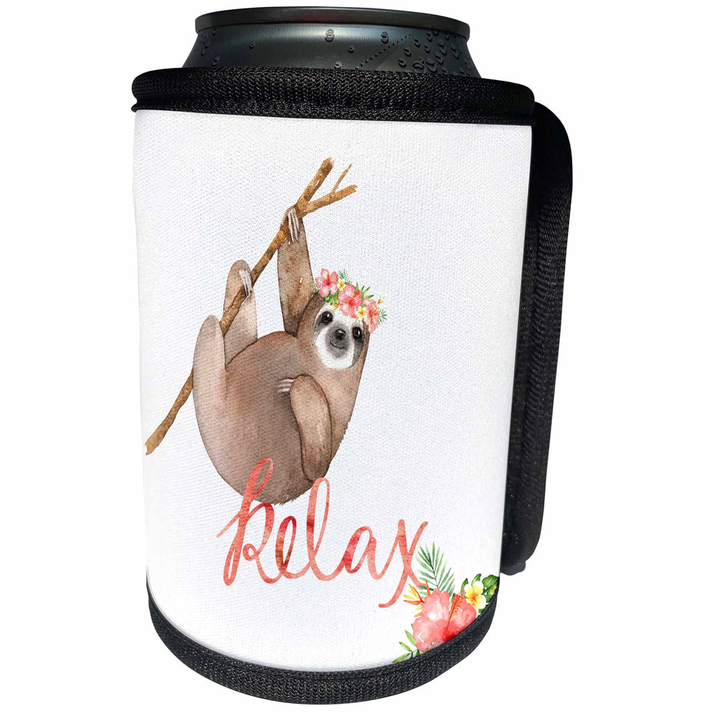 3dRose Uta Naumann Sayings and Typography - Summer Animal Illustration and Typography - Lazy Sloth - Relax - Can Cooler Bottle Wrap (cc_290089)