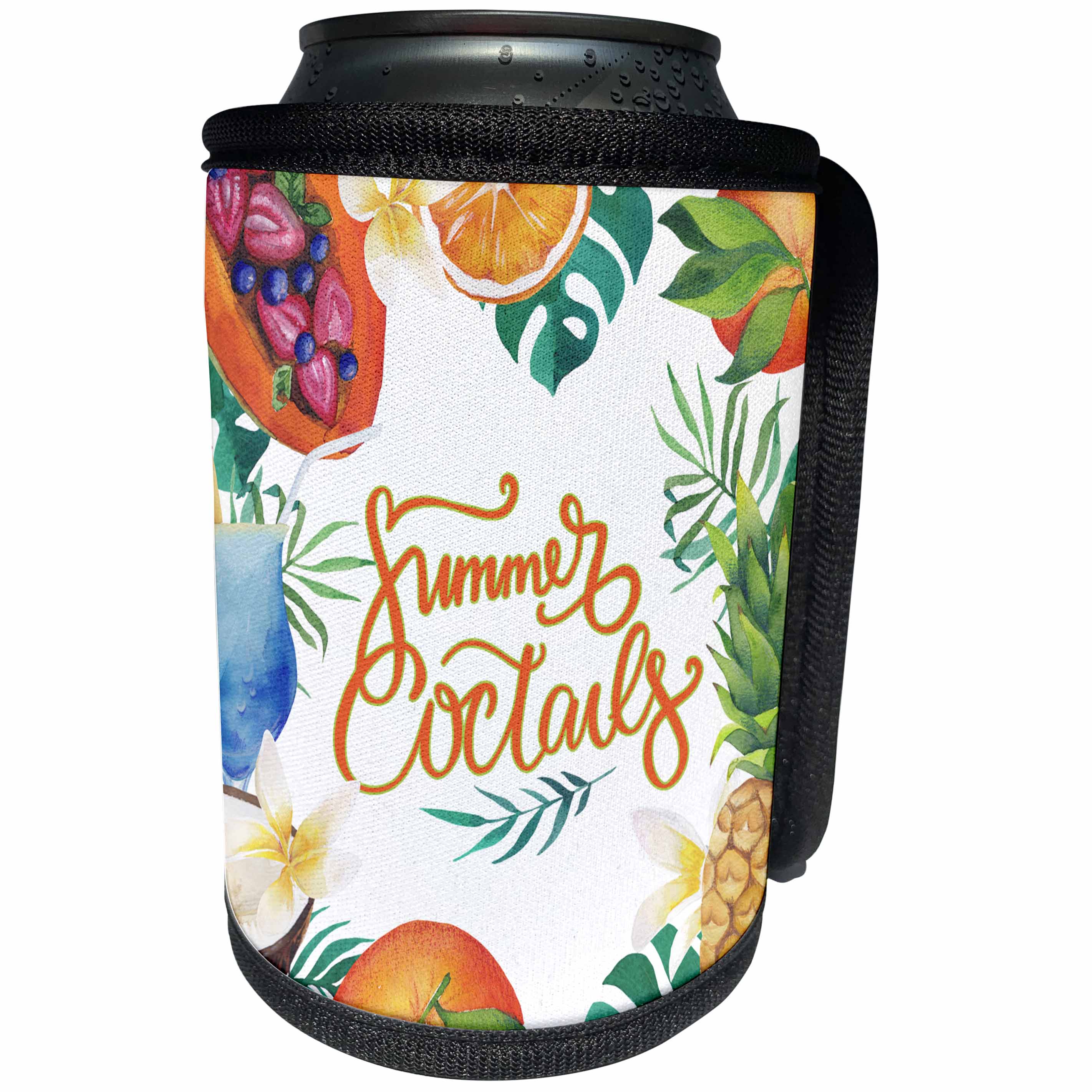 3dRose Uta Naumann Sayings and Typography - Aloha Fruit Fun Flower Illustration Typography - Summer Cocktails - Can Cooler Bottle Wrap (cc_290110)
