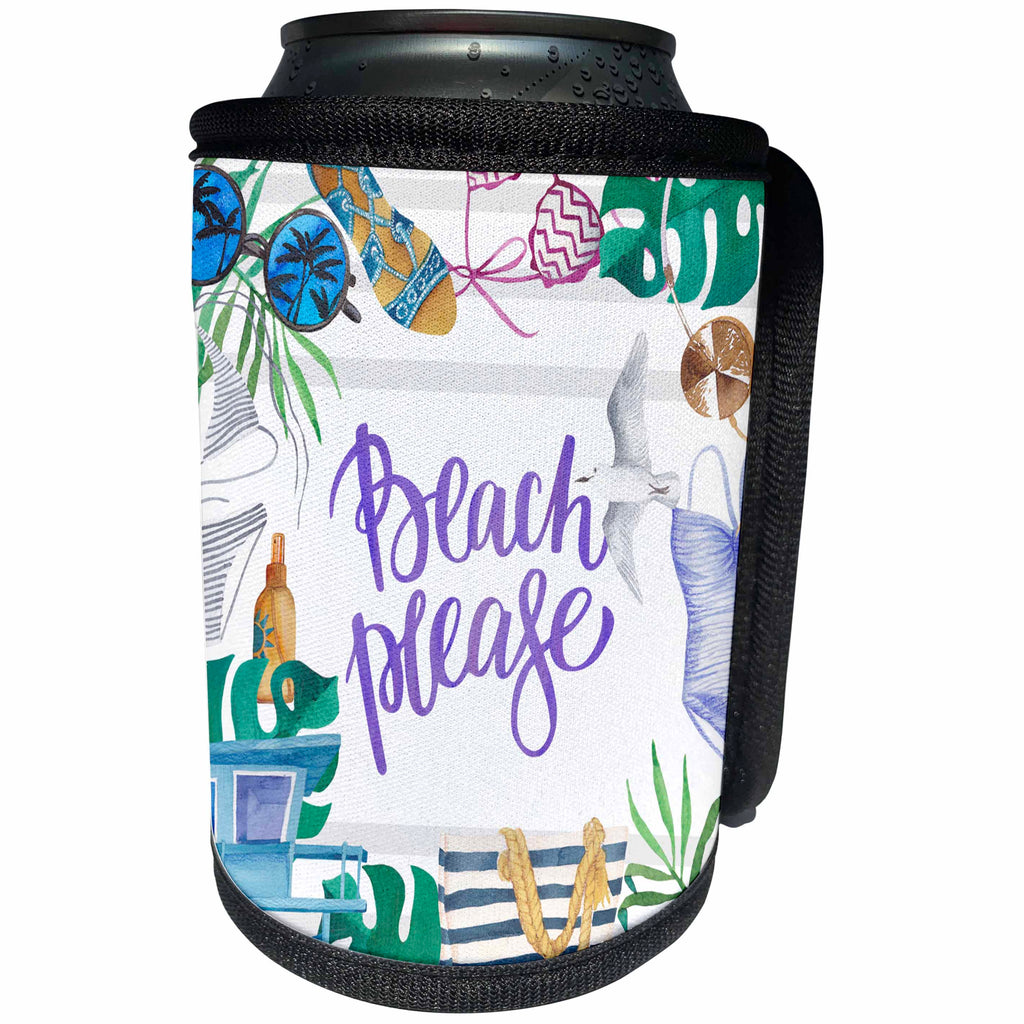 3dRose Uta Naumann Sayings and Typography - Summer Sea Ocean Palm Illustration Typography - Beach Please - Can Cooler Bottle Wrap (cc_290116)