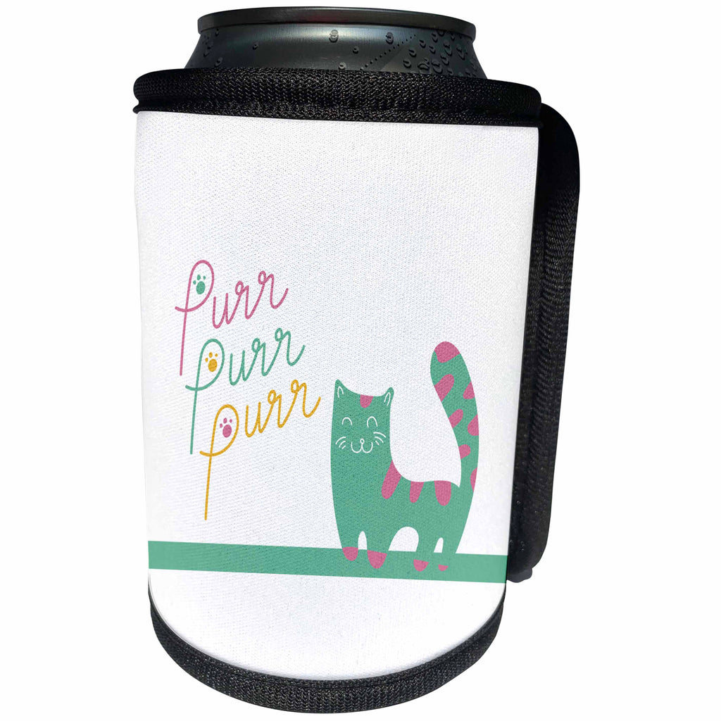 3dRose Uta Naumann Sayings and Typography - Cute Pink Mint Cat Kitty Animal Illustration And Typography - Purr - Can Cooler Bottle Wrap (cc_290207)