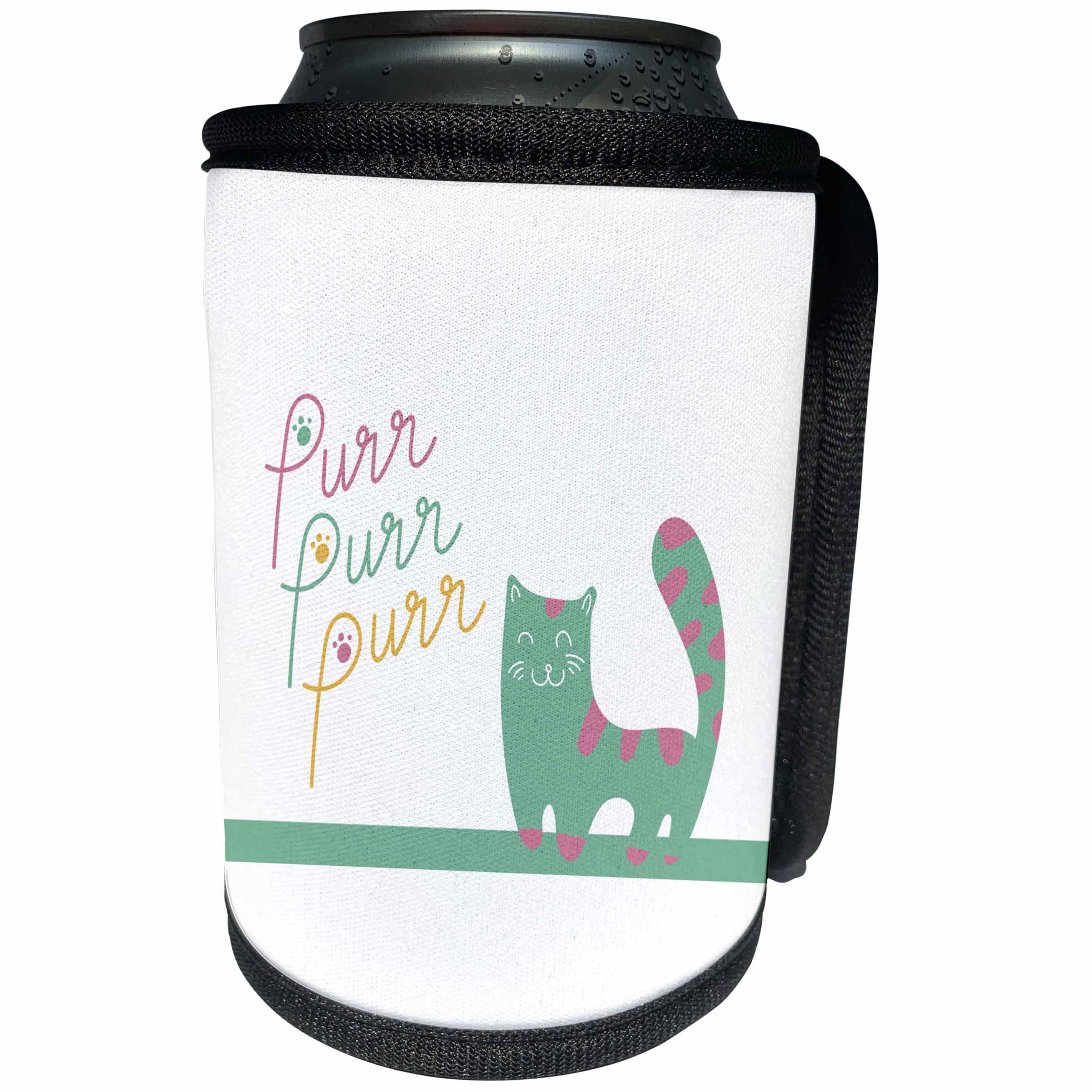 3dRose Uta Naumann Sayings and Typography - Cute Pink Mint Cat Kitty Animal Illustration And Typography - Purr - Can Cooler Bottle Wrap (cc_290207)