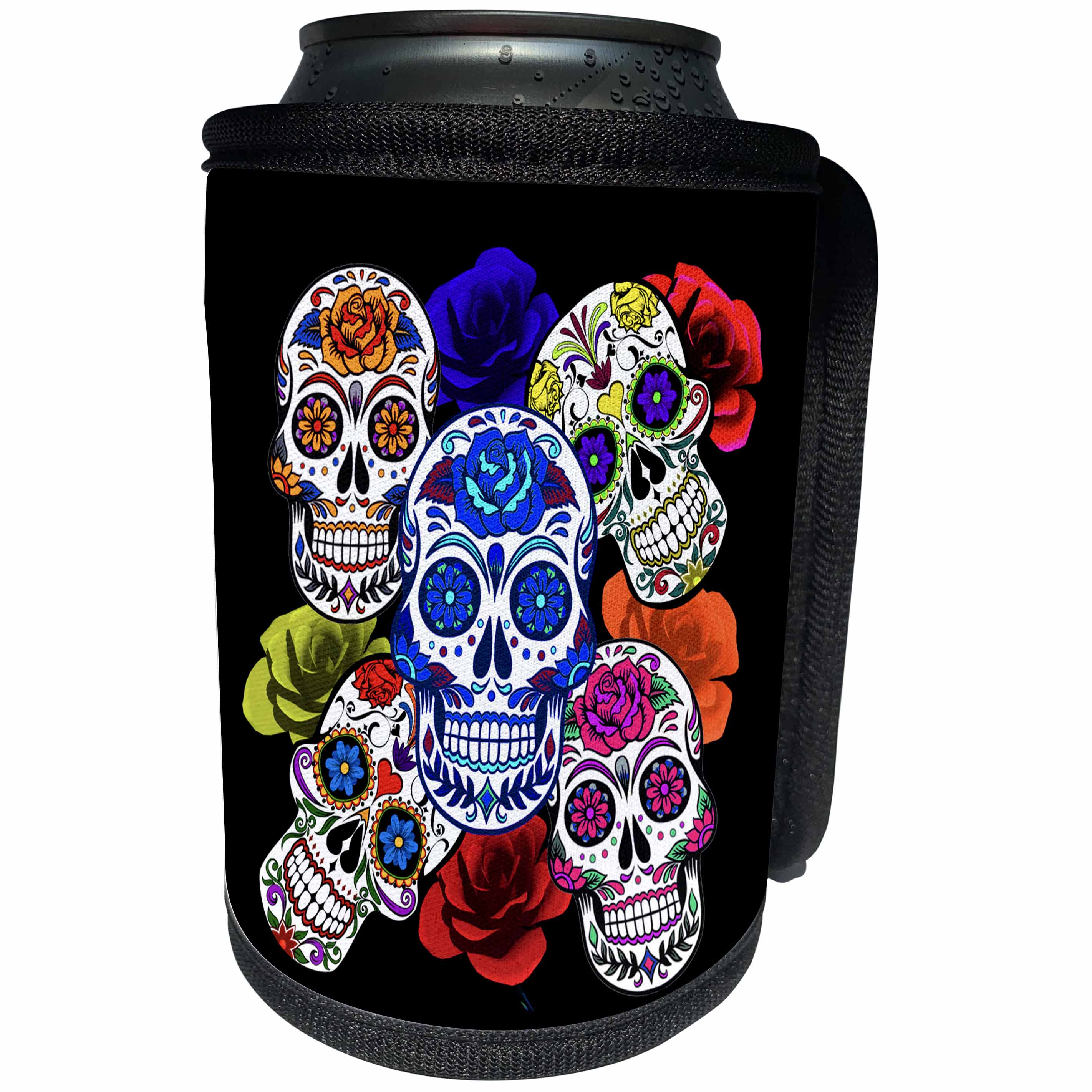 3dRose Sandy Mertens Halloween Designs - Sugar Skulls and Roses Mardi Gras, Halloween, 3drsmm - Can Cooler Bottle Wrap (cc_290213)