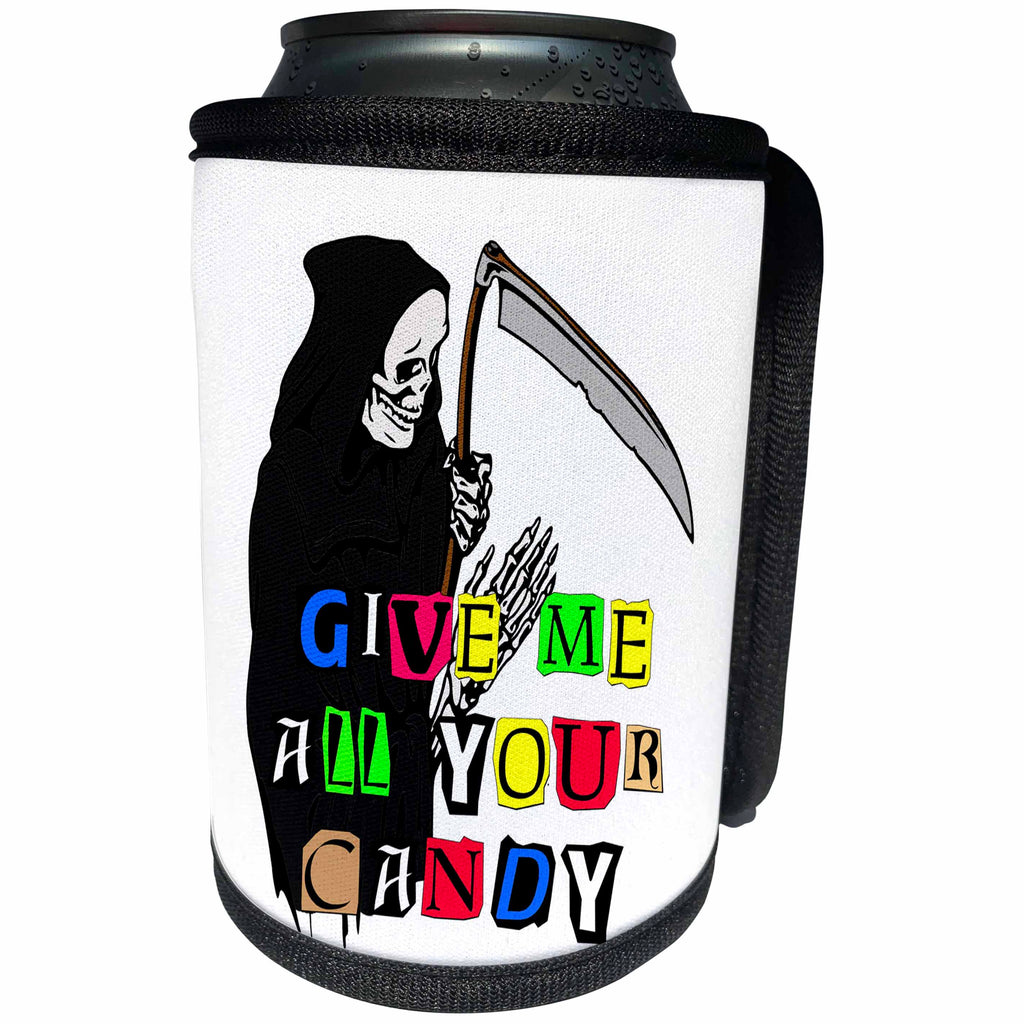 3dRose Sandy Mertens Halloween Designs - Grim Reaper Give Me Candy in Ransom Note Halloween, 3drsmm - Can Cooler Bottle Wrap (cc_290220)