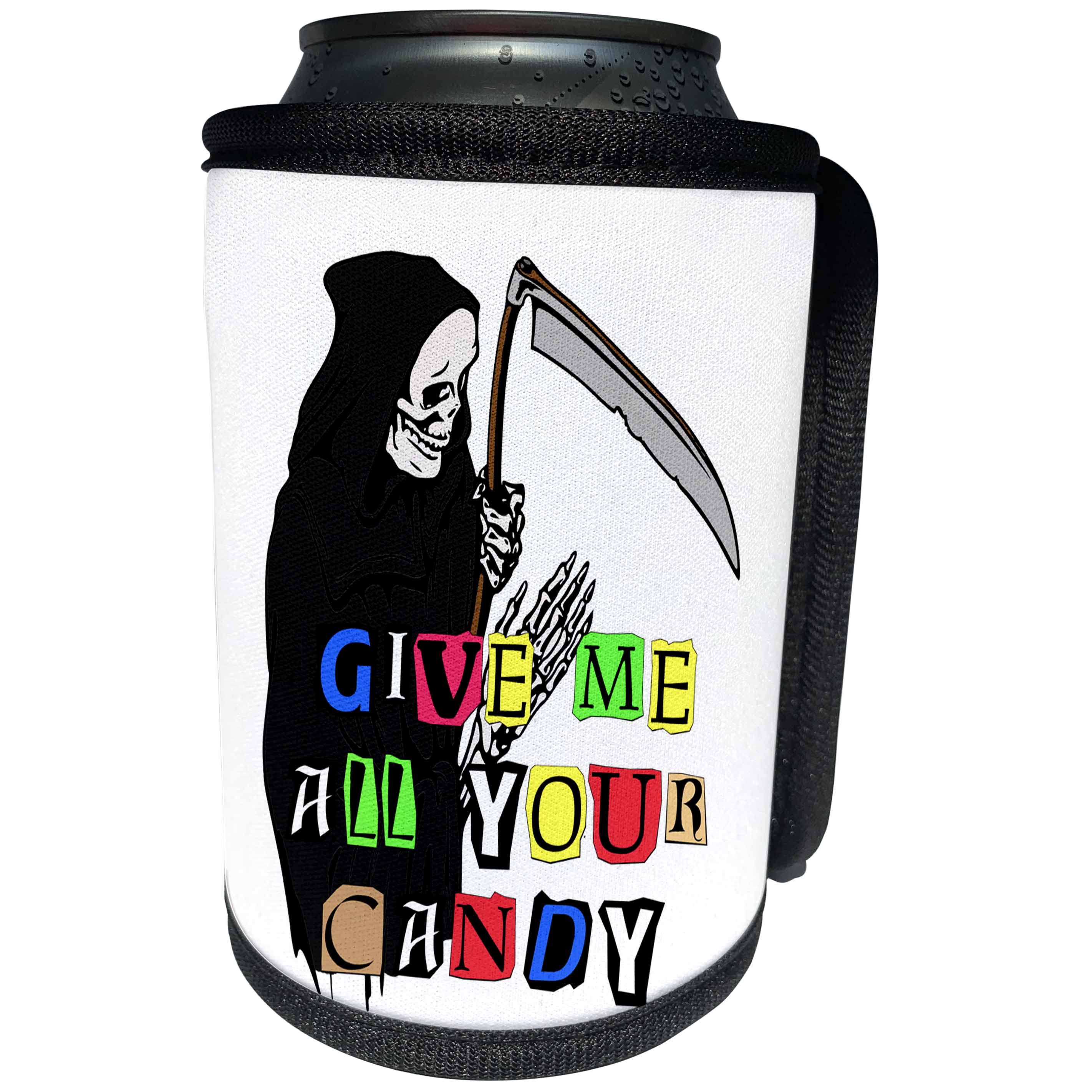 3dRose Sandy Mertens Halloween Designs - Grim Reaper Give Me Candy in Ransom Note Halloween, 3drsmm - Can Cooler Bottle Wrap (cc_290220)