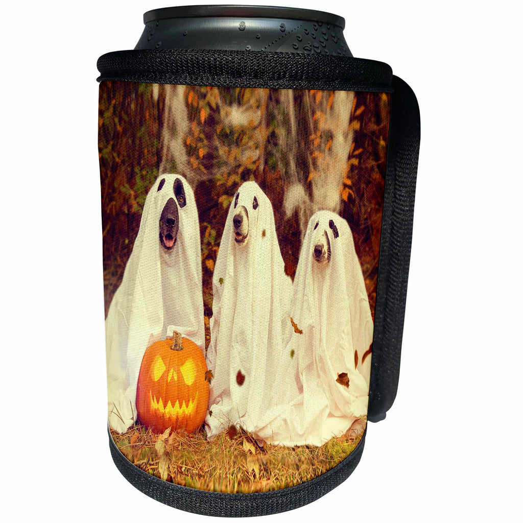 3dRose Sandy Mertens Halloween Designs - Dogs in Ghost Costumes with Jack o Lantern Image, 3drsmm - Can Cooler Bottle Wrap (cc_290224)