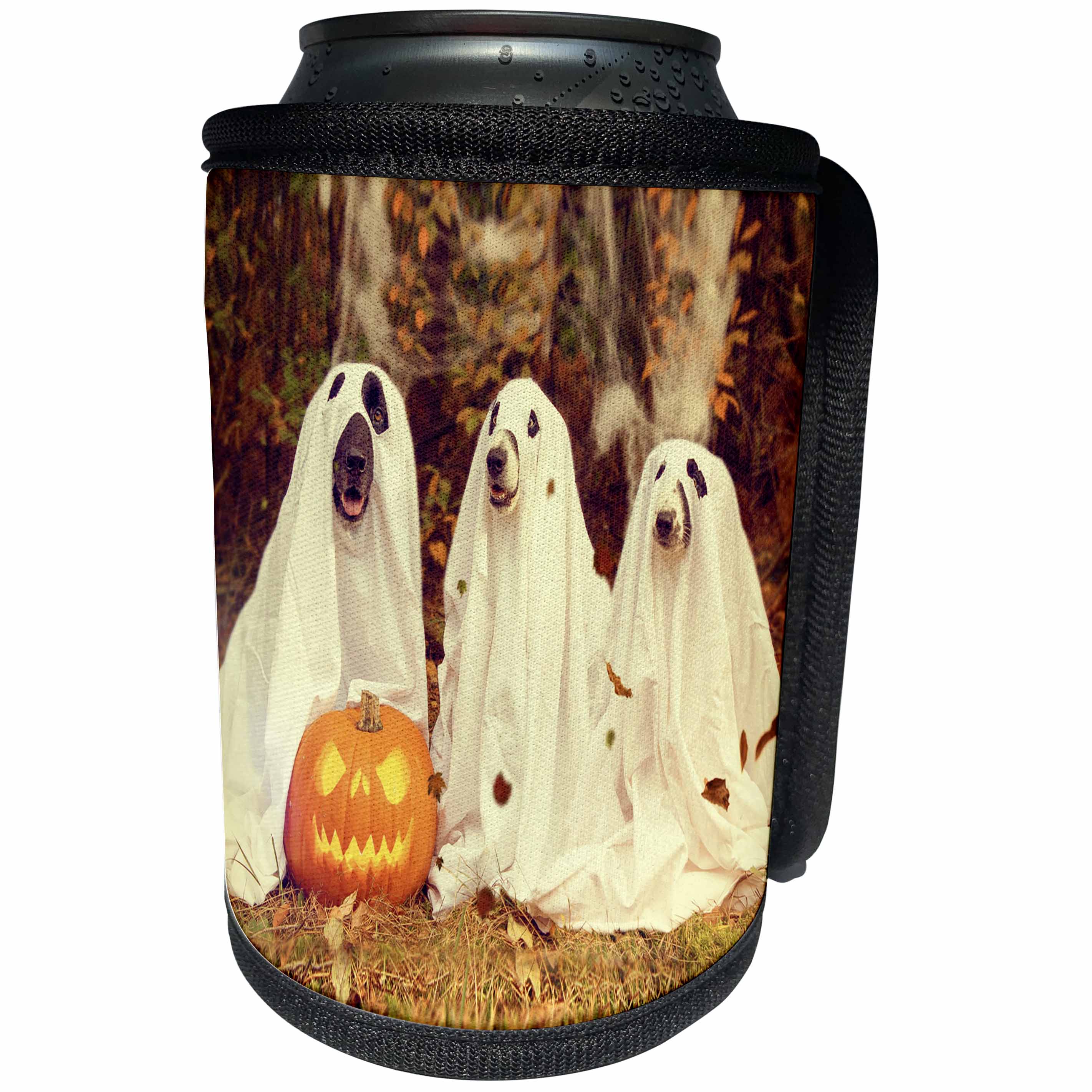 3dRose Sandy Mertens Halloween Designs - Dogs in Ghost Costumes with Jack o Lantern Image, 3drsmm - Can Cooler Bottle Wrap (cc_290224)