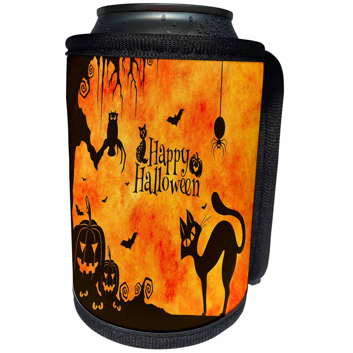 3dRose Sandy Mertens Halloween Designs - Cat, Owl, Bats, Spider, Jack o Lanterns Silhouettes, 3drsmm - Can Cooler Bottle Wrap (cc_290231)