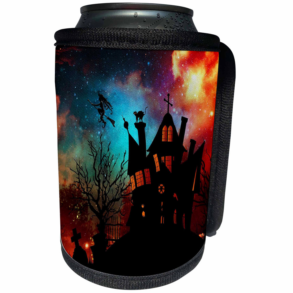3dRose Sandy Mertens Halloween Designs - Witch House, Black Cat, Weird Starry Sky, Graveyard, 3drsmm - Can Cooler Bottle Wrap (cc_290237)