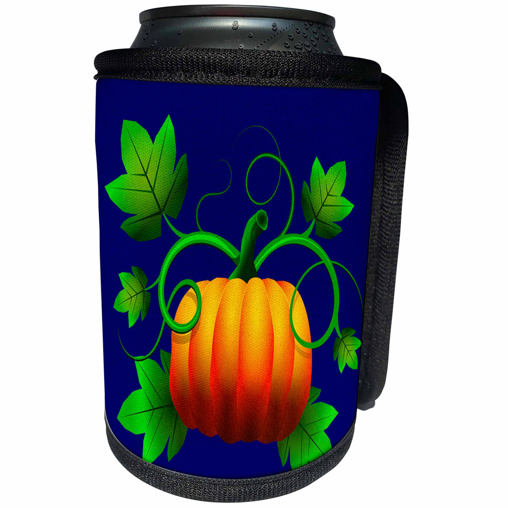 3dRose Sandy Mertens Halloween Designs - Halloween Pumpkin on the Vine Rich Blue Background - Can Cooler Bottle Wrap (cc_290244)