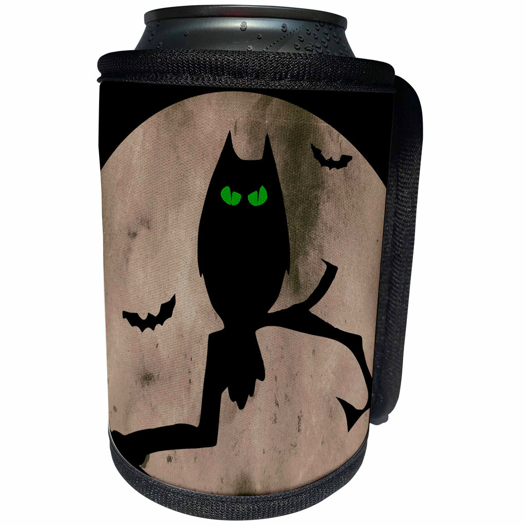 3dRose Sandy Mertens Halloween Designs - Halloween Bats with Perched Owl and Distressed Moon, 3drsmm - Can Cooler Bottle Wrap (cc_290247)