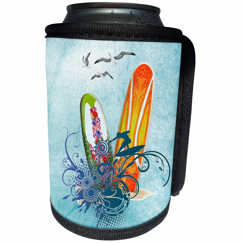3dRose Spiritual Awakenings Surfing - Surfboards and tribal surfer, seagulls and accented art - Can Cooler Bottle Wrap (cc_290251)