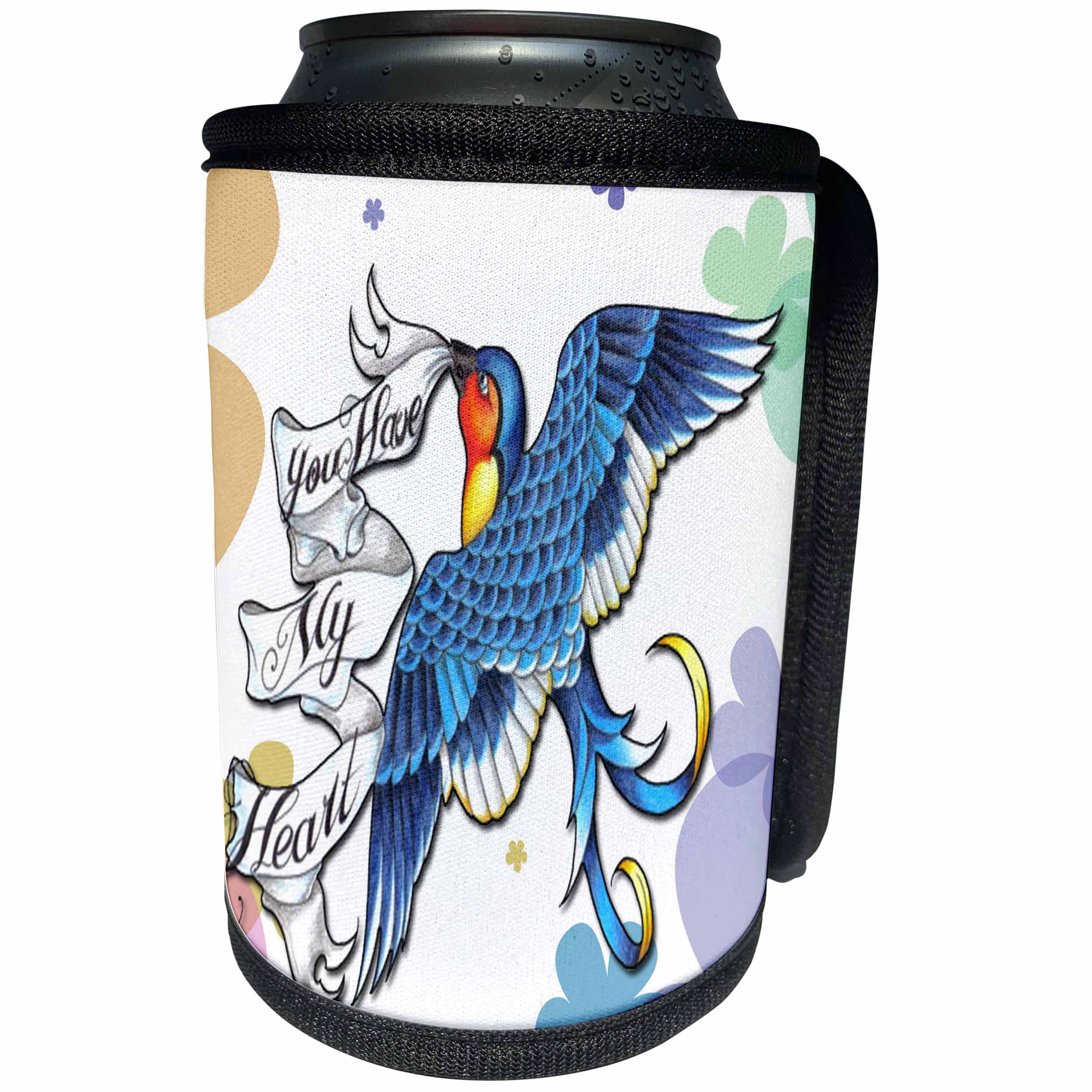 3dRose Spiritual Awakenings Love - Tattoo love blue birds flying with a message to show your love - Can Cooler Bottle Wrap (cc_290252)