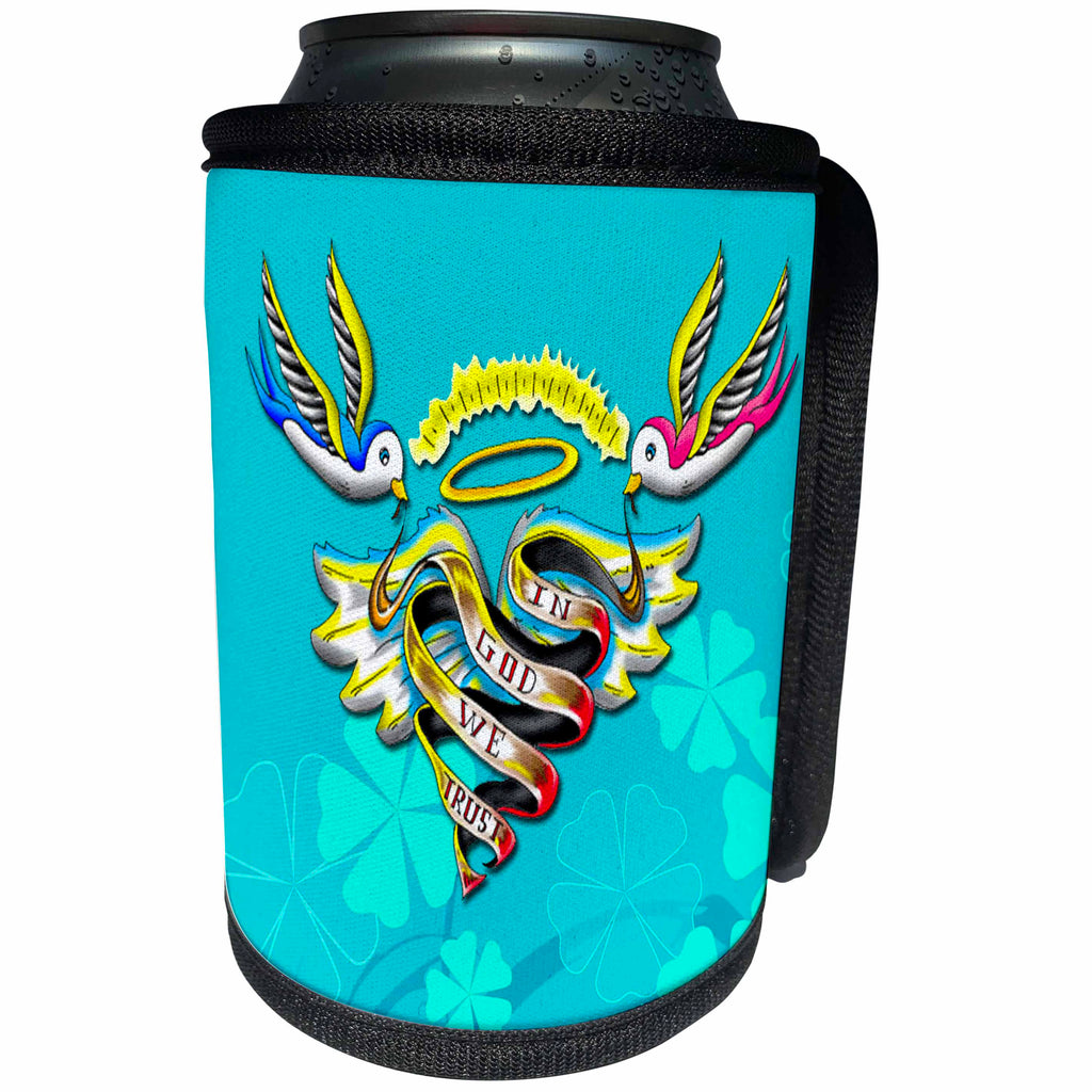 3dRose Spiritual Awakenings Patriotic - Vintage tattoo birds holding in God we Trust banner - Can Cooler Bottle Wrap (cc_290253)