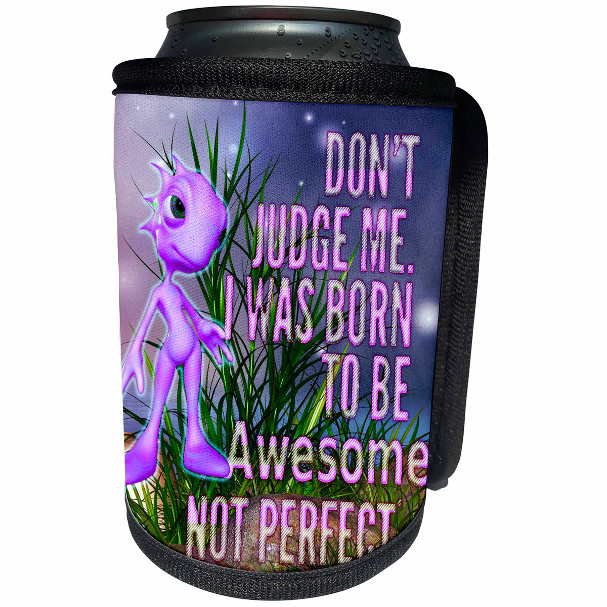 3dRose Spiritual Awakenings Humor - Cute purple glowing alien who just wants to go home with you - Can Cooler Bottle Wrap (cc_290267)