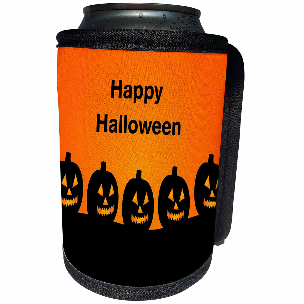 3dRose Halloween - Image of Black Pumpkins With Smiles Say Happy Halloween - Can Cooler Bottle Wrap (cc_290277)