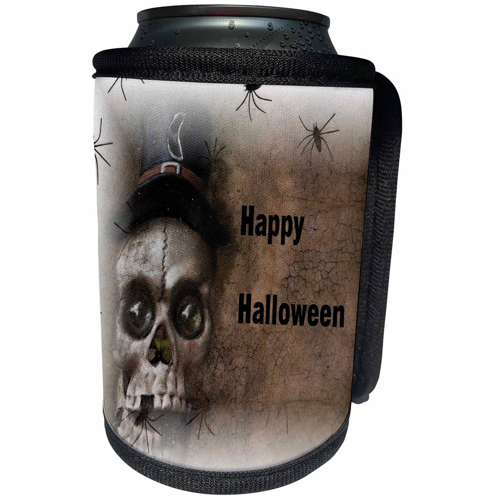 3dRose Halloween - Image of Scary Skull With Spiders Says Happy Halloween - Can Cooler Bottle Wrap (cc_290278)