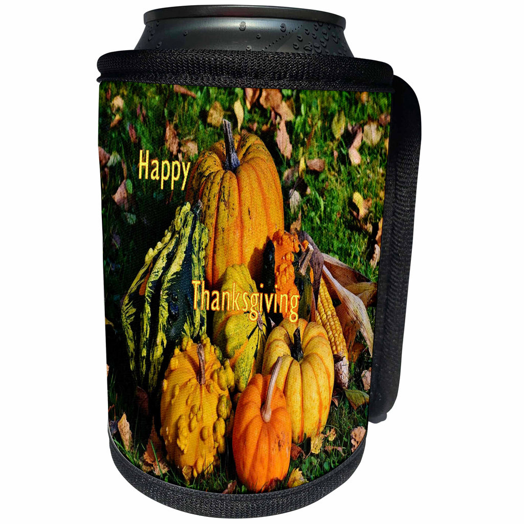 3dRose Thanksgiving - Image of Outdoor Scene With Pumpkin Gourds And Says Thanksgiving - Can Cooler Bottle Wrap (cc_290283)