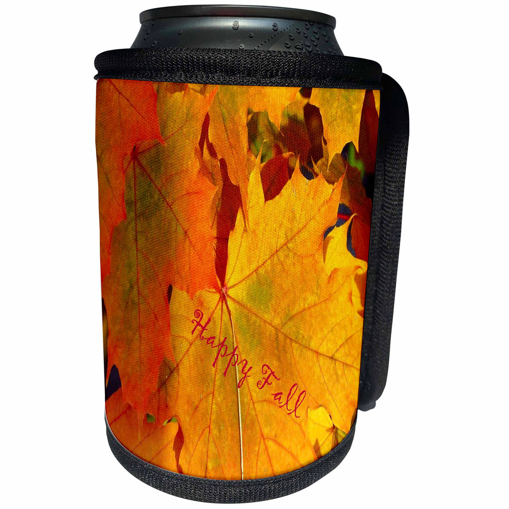 3dRose Thanksgiving - Image of Huge Marigold Color Leaves Say Happy Fall - Can Cooler Bottle Wrap (cc_290287)