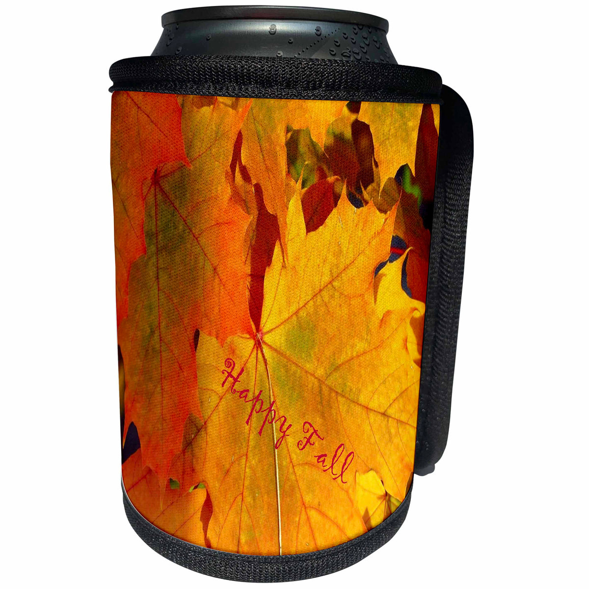 3dRose Thanksgiving - Image of Huge Marigold Color Leaves Say Happy Fall - Can Cooler Bottle Wrap (cc_290287)