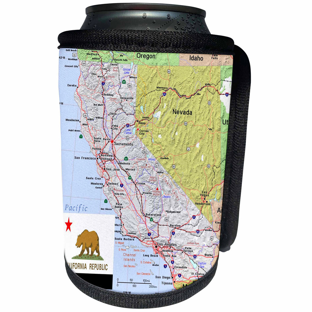 3dRose Topo Maps and Flags Of States - Image of Topographic Map Of California With State Flag - Can Cooler Bottle Wrap (cc_290289)