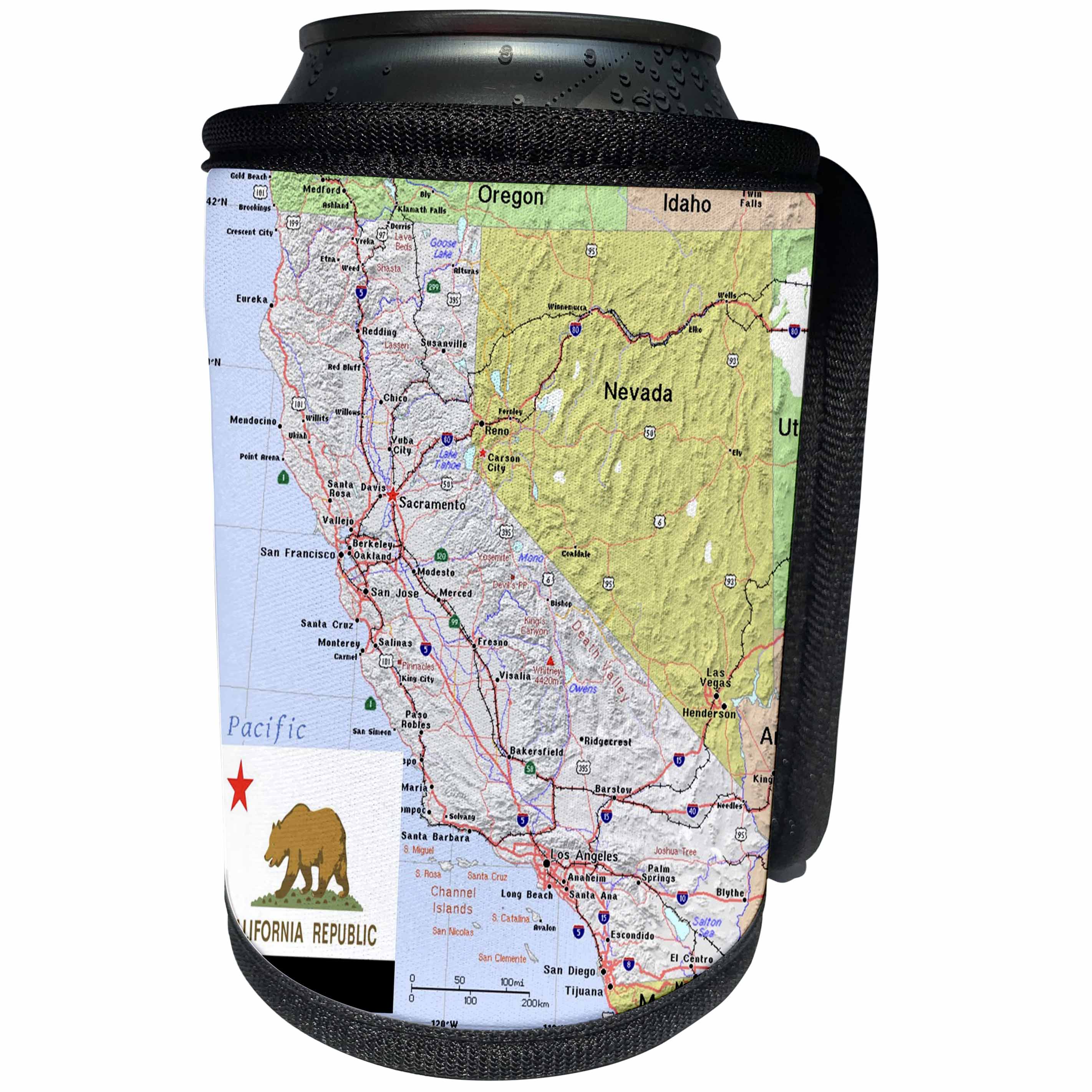 3dRose Topo Maps and Flags Of States - Image of Topographic Map Of California With State Flag - Can Cooler Bottle Wrap (cc_290289)