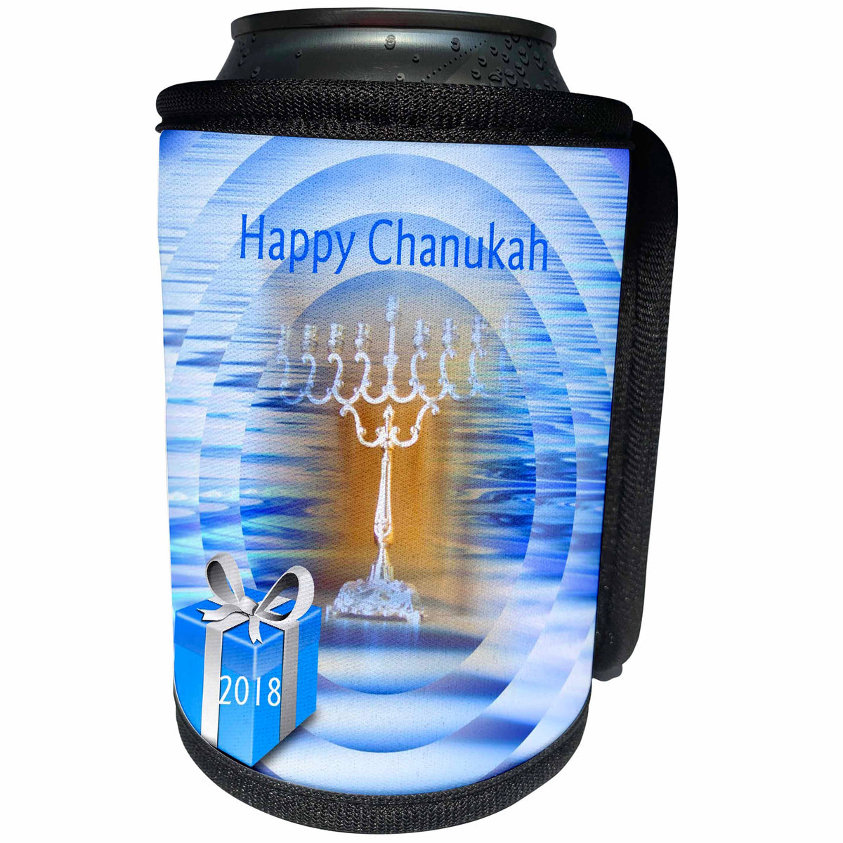 3dRose Chanukah - Image of Contemporary Happy Chanukah Menorah and Present - Can Cooler Bottle Wrap (cc_290294)