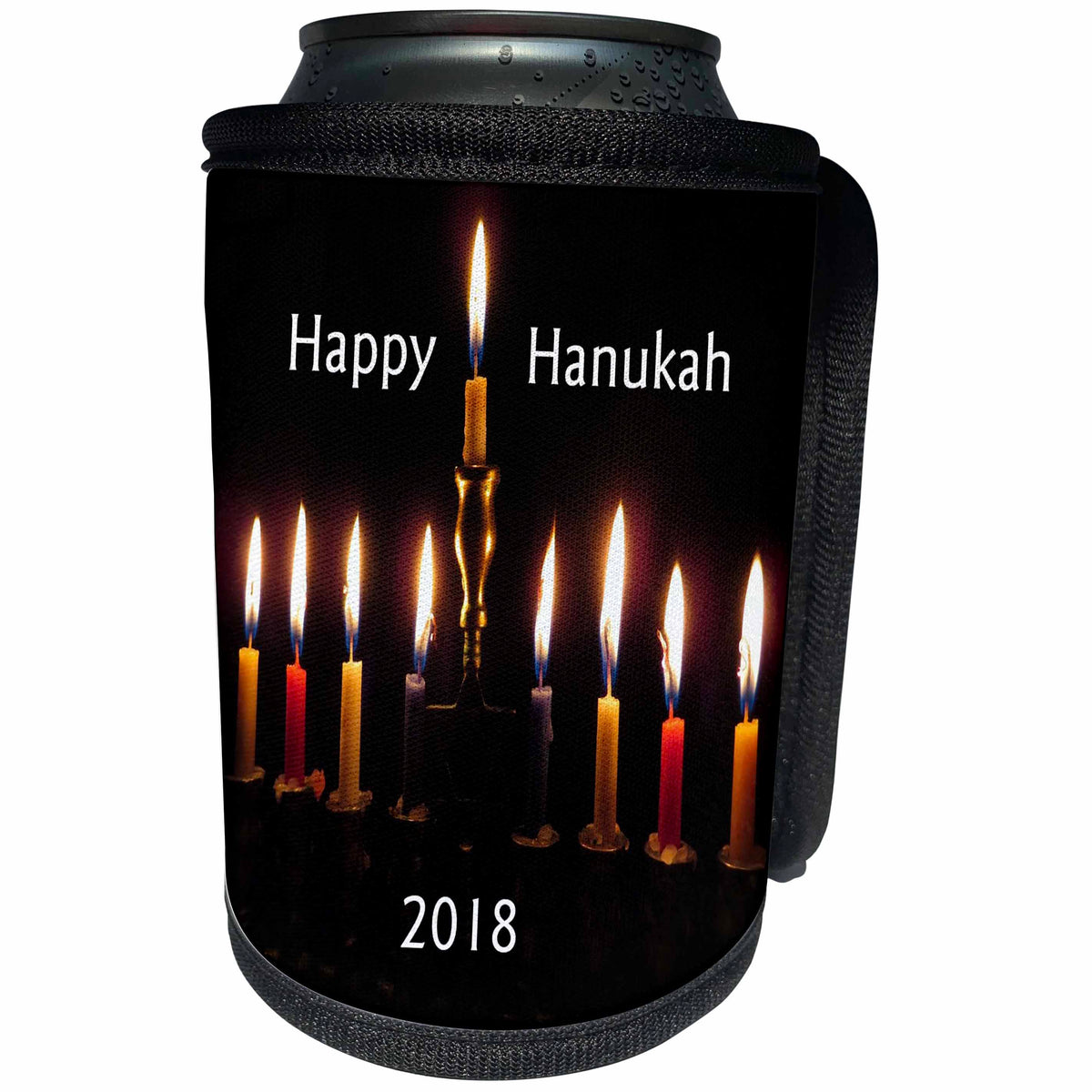 3dRose Chanukah - Image of Happy Hanukkah With Lit Candles and 2018 In Dark Color - Can Cooler Bottle Wrap (cc_290295)