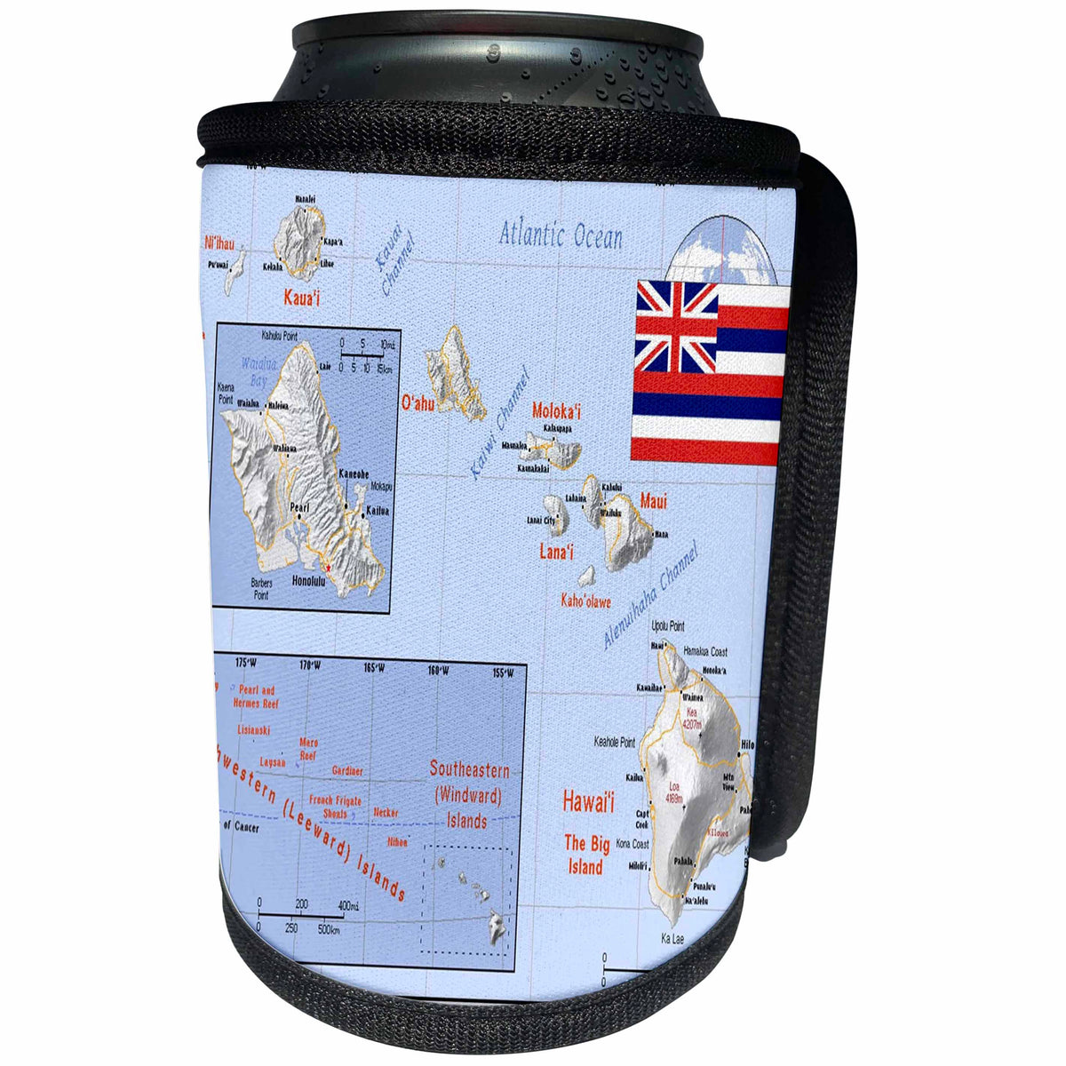 3dRose Topo Maps and Flags Of States - Image of Hawaiian Islands Topographic Map With Flag - Can Cooler Bottle Wrap (cc_290298)