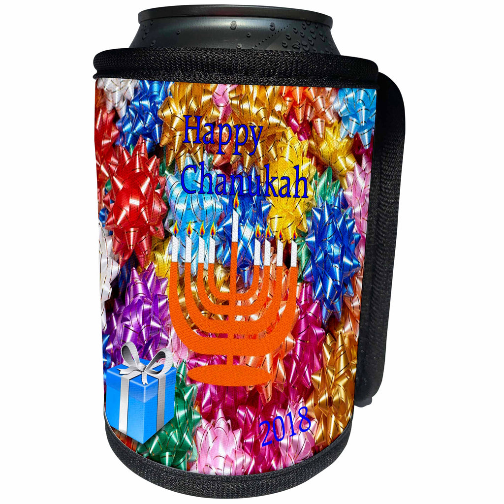 3dRose Chanukah - Image of Orange Menorah Sits On Gift Bows with Happy Chanukah - Can Cooler Bottle Wrap (cc_290300)