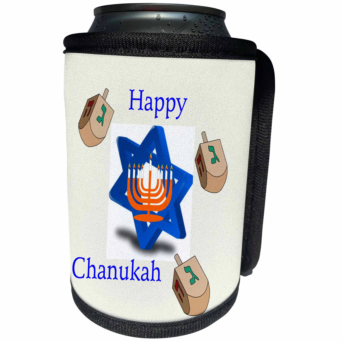 3dRose Chanukah - Image of Blue Star Of David With Dreidels Says Happy Chanukah - Can Cooler Bottle Wrap (cc_290302)