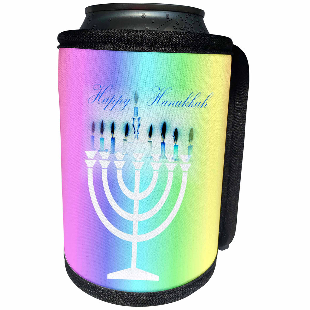 3dRose Chanukah - Image of White Menorah with Candles Say Chanukah On Gradient - Can Cooler Bottle Wrap (cc_290303)