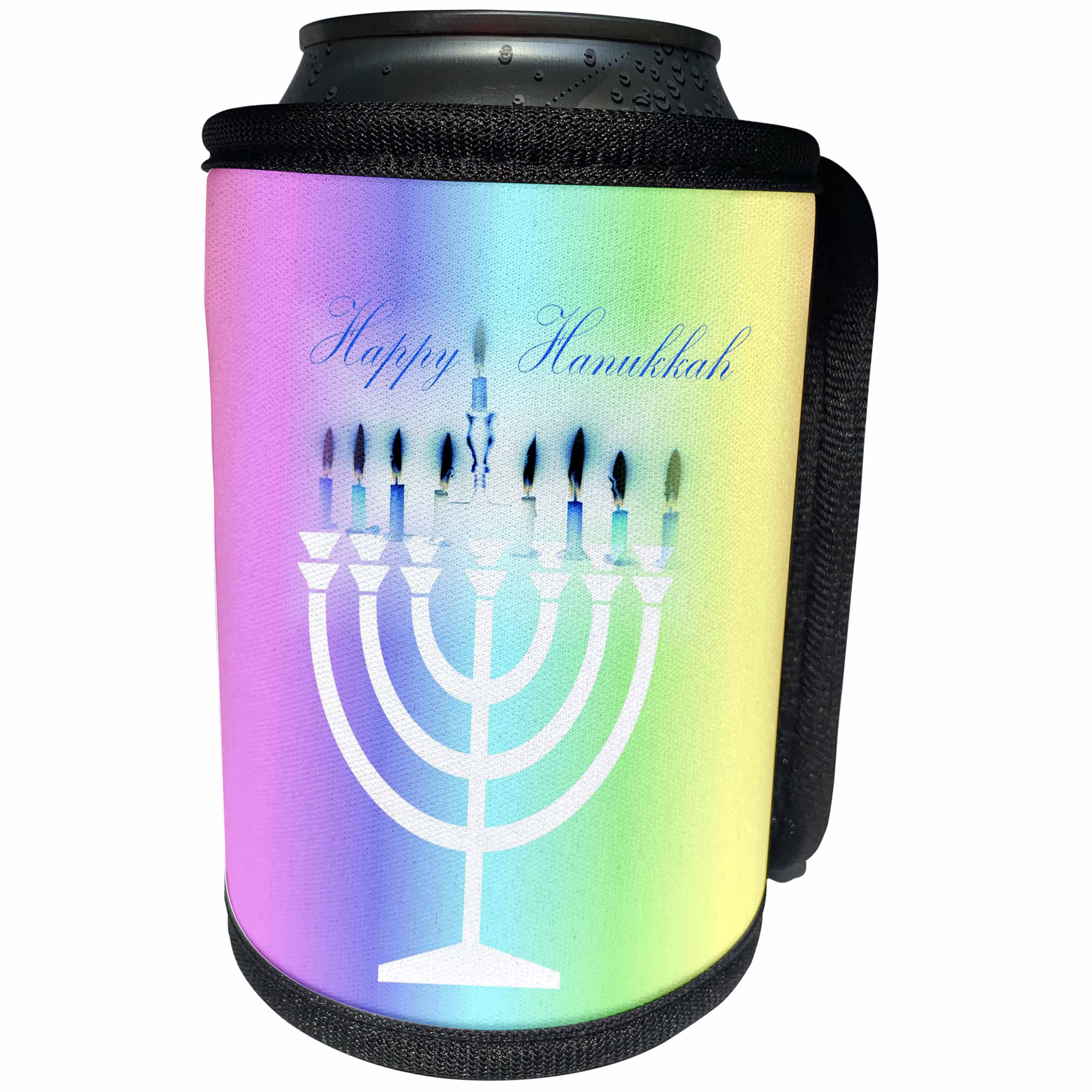 3dRose Chanukah - Image of White Menorah with Candles Say Chanukah On Gradient - Can Cooler Bottle Wrap (cc_290303)