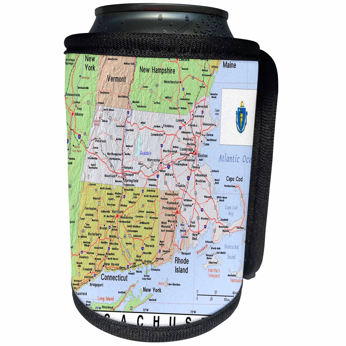 3dRose Topo Maps and Flags Of States - Image of Massachusetts Topographic Map with Flag - Can Cooler Bottle Wrap (cc_290306)