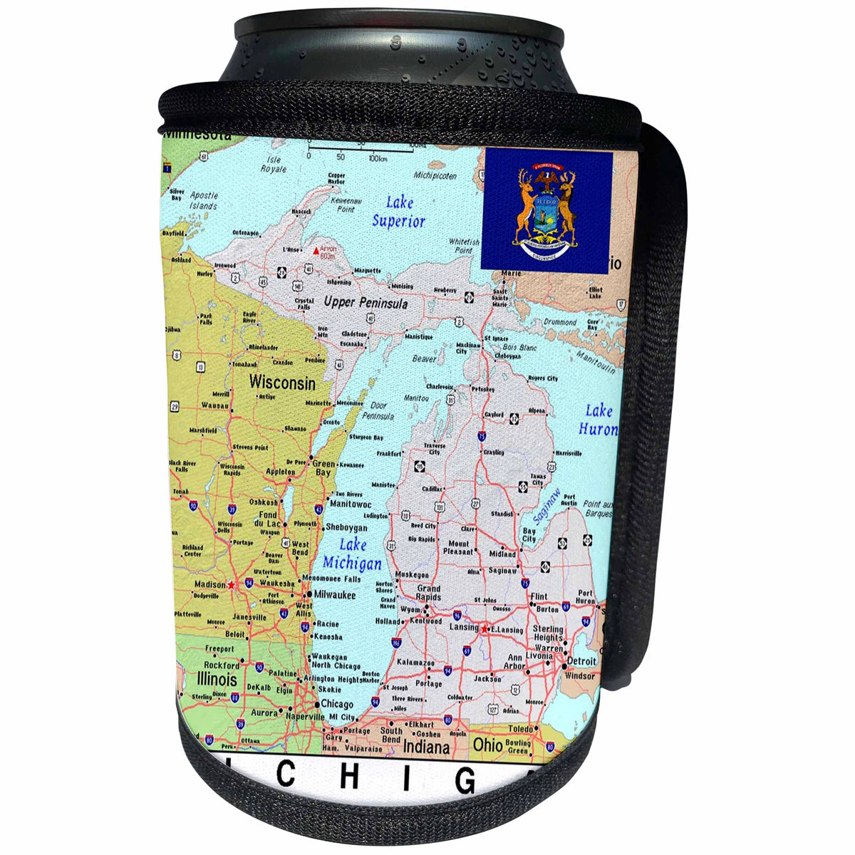 3dRose Topo Maps and Flags Of States - Image of Topographic Map of Michigan With State Flag - Can Cooler Bottle Wrap (cc_290307)