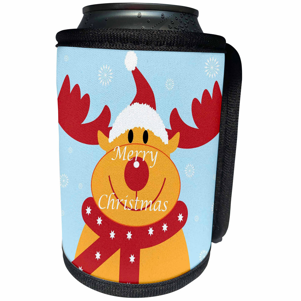 3dRose Christmas - Image of Cartoon Reindeer Says Merry Christmas - Can Cooler Bottle Wrap (cc_290311)