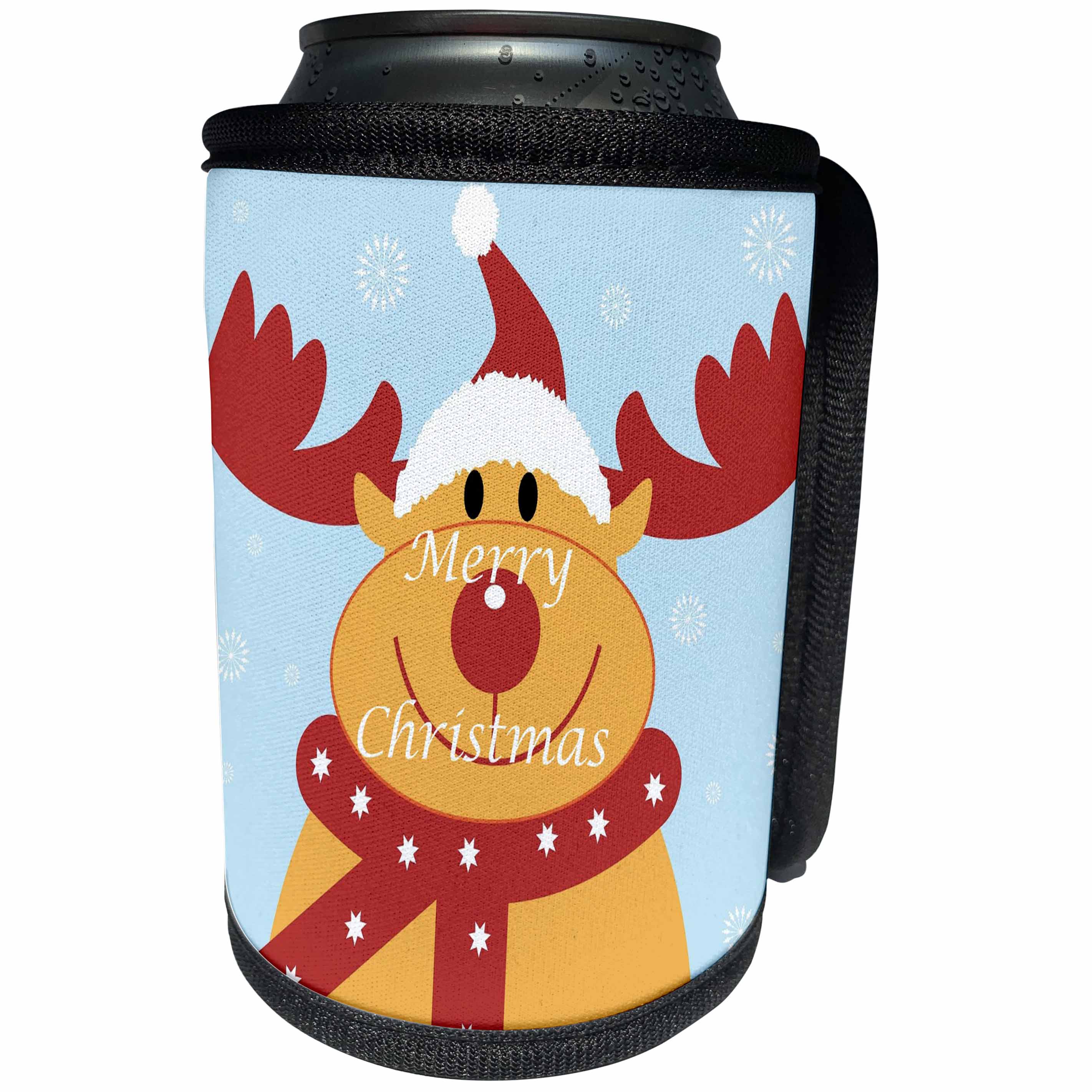 3dRose Christmas - Image of Cartoon Reindeer Says Merry Christmas - Can Cooler Bottle Wrap (cc_290311)