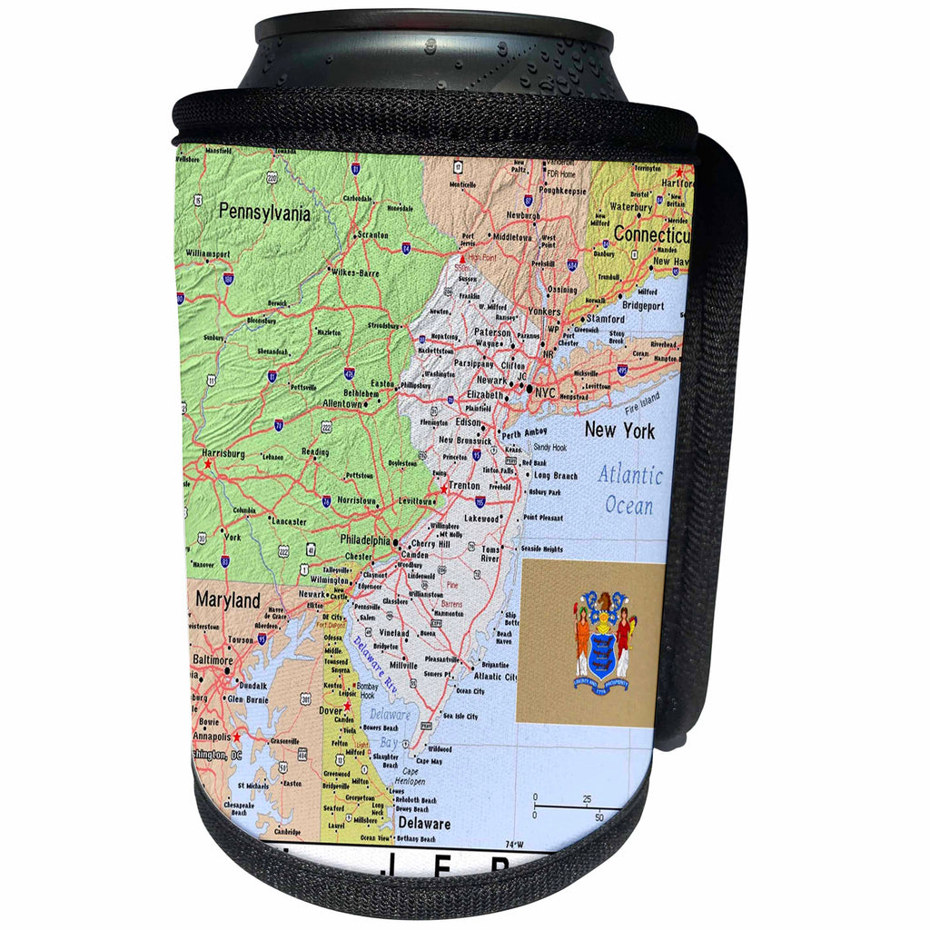 3dRose Topo Maps and Flags Of States - Image of New Jersey Topographic Map With State Flag - Can Cooler Bottle Wrap (cc_290312)