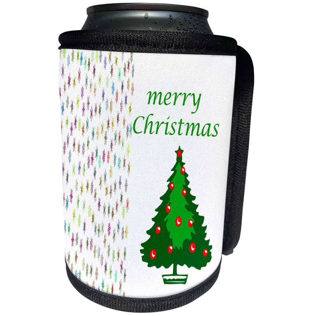 3dRose Christmas - Image of Colored Snowflakes And Xmas Tree Say Merry Christmas - Can Cooler Bottle Wrap (cc_290314)