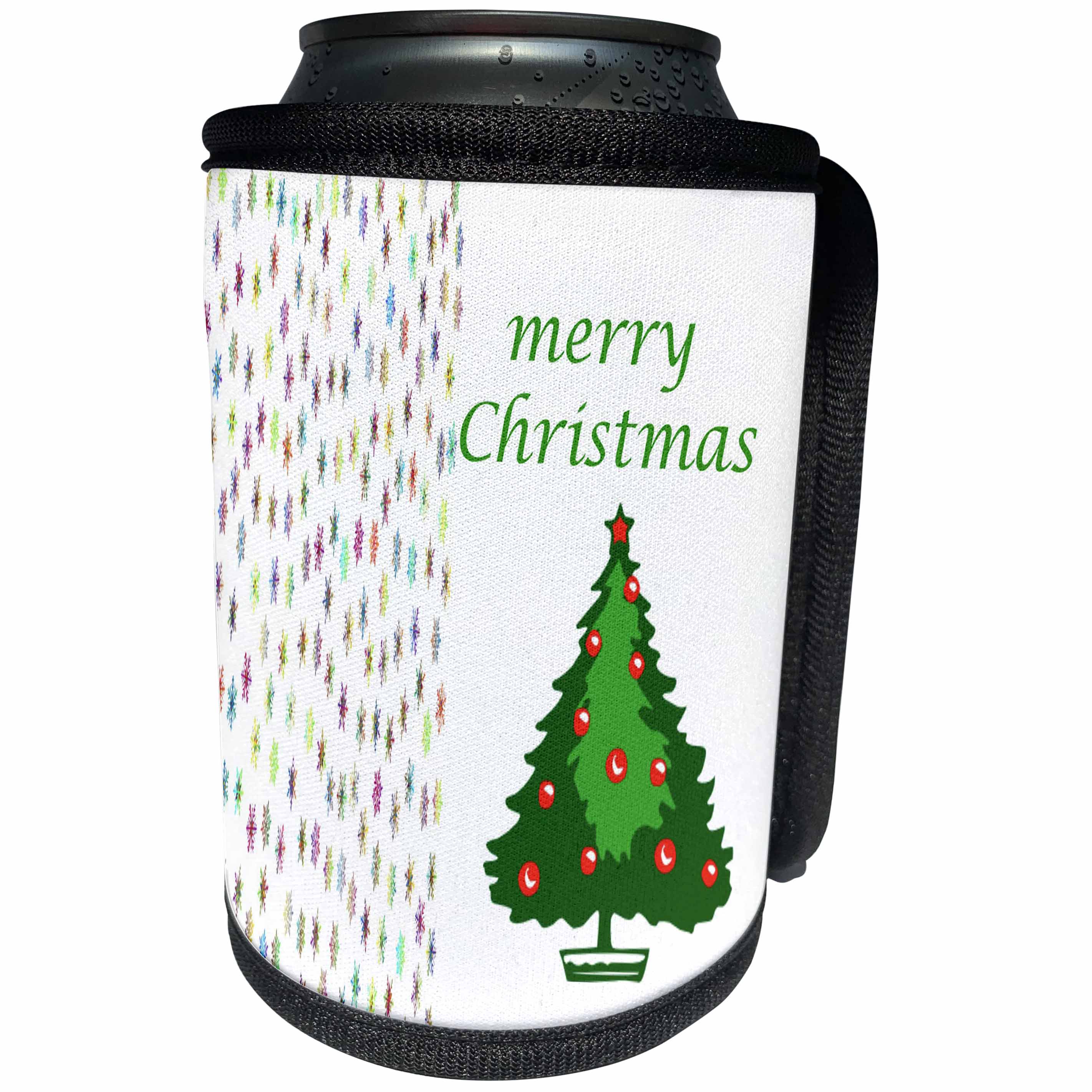 3dRose Christmas - Image of Colored Snowflakes And Xmas Tree Say Merry Christmas - Can Cooler Bottle Wrap (cc_290314)