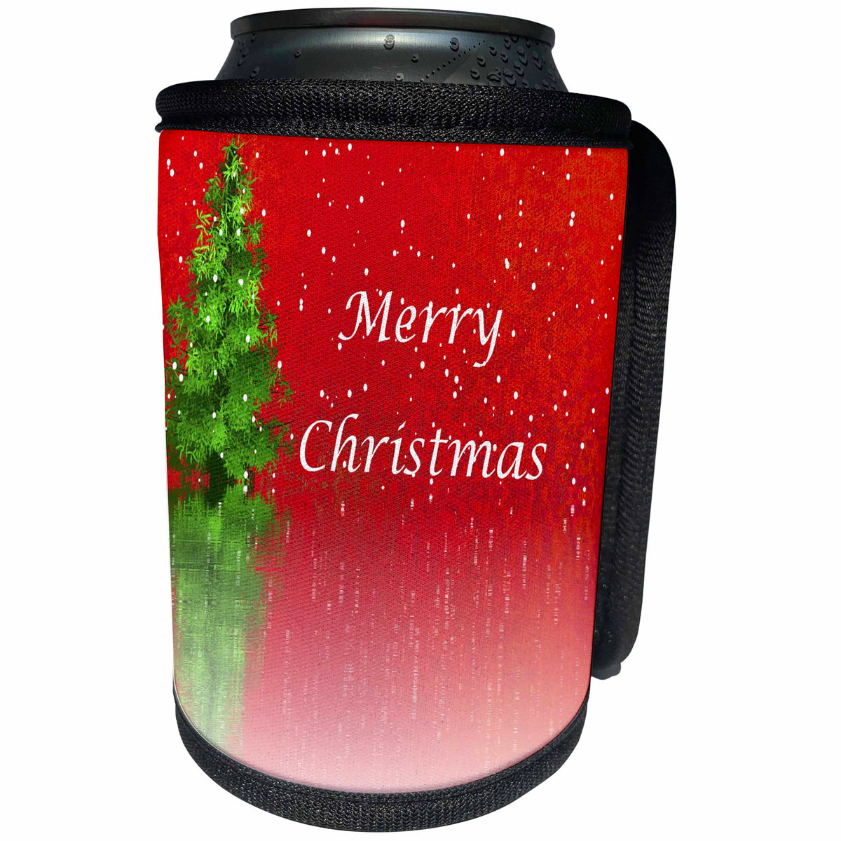 3dRose Christmas - Image of Green Xmas Tree on Red Mirrored With Greeting - Can Cooler Bottle Wrap (cc_290317)