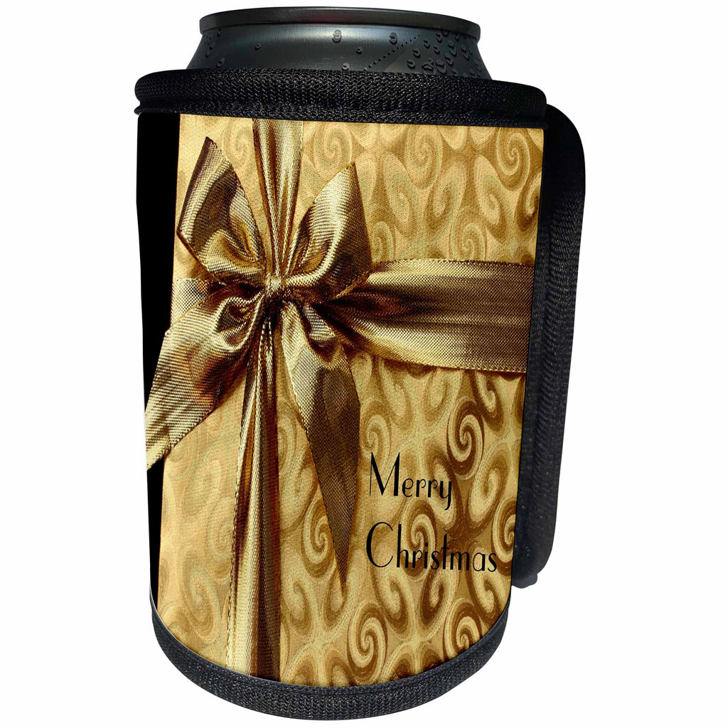 3dRose Christmas - Image of Closeup Of Gold Present With Merry Christmas - Can Cooler Bottle Wrap (cc_290321)