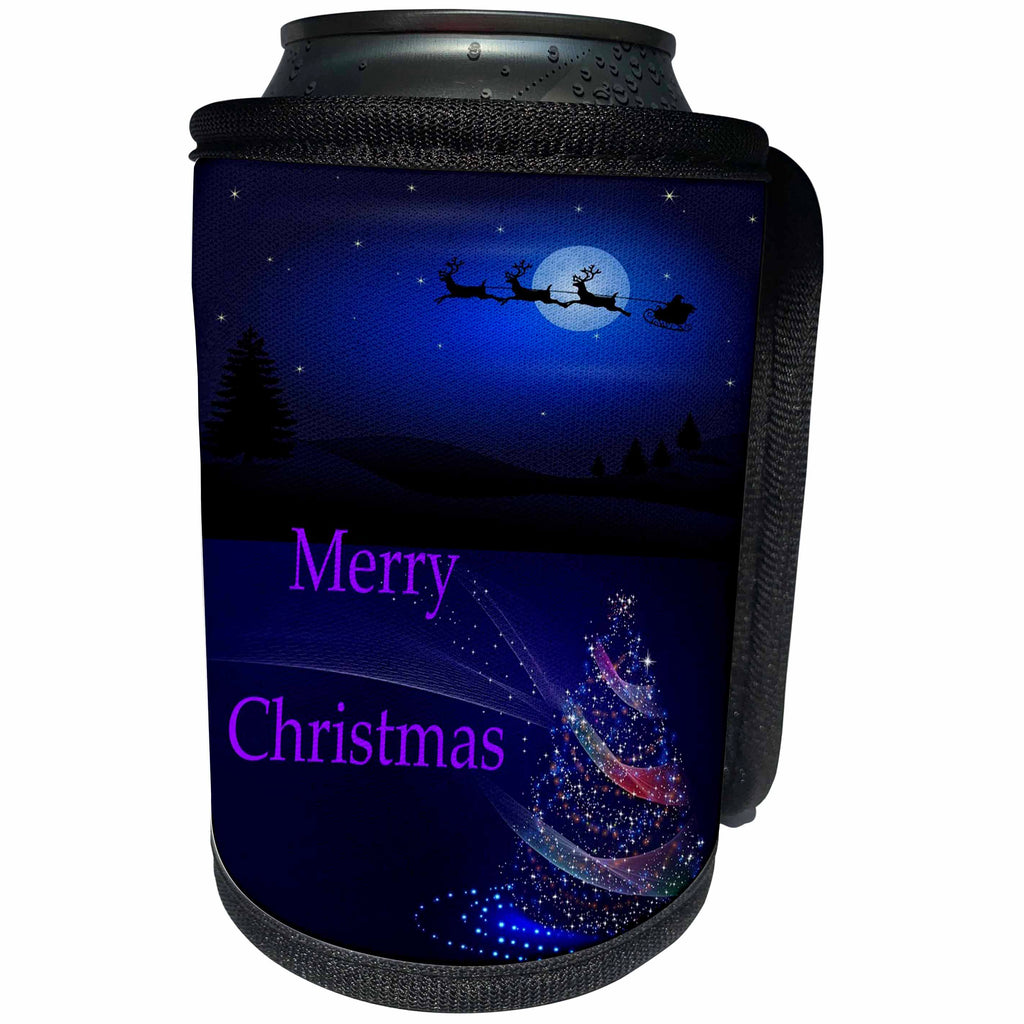 3dRose Christmas - Image of Purple And Blue Nite Sky With Santa And Reindeer - Can Cooler Bottle Wrap (cc_290332)