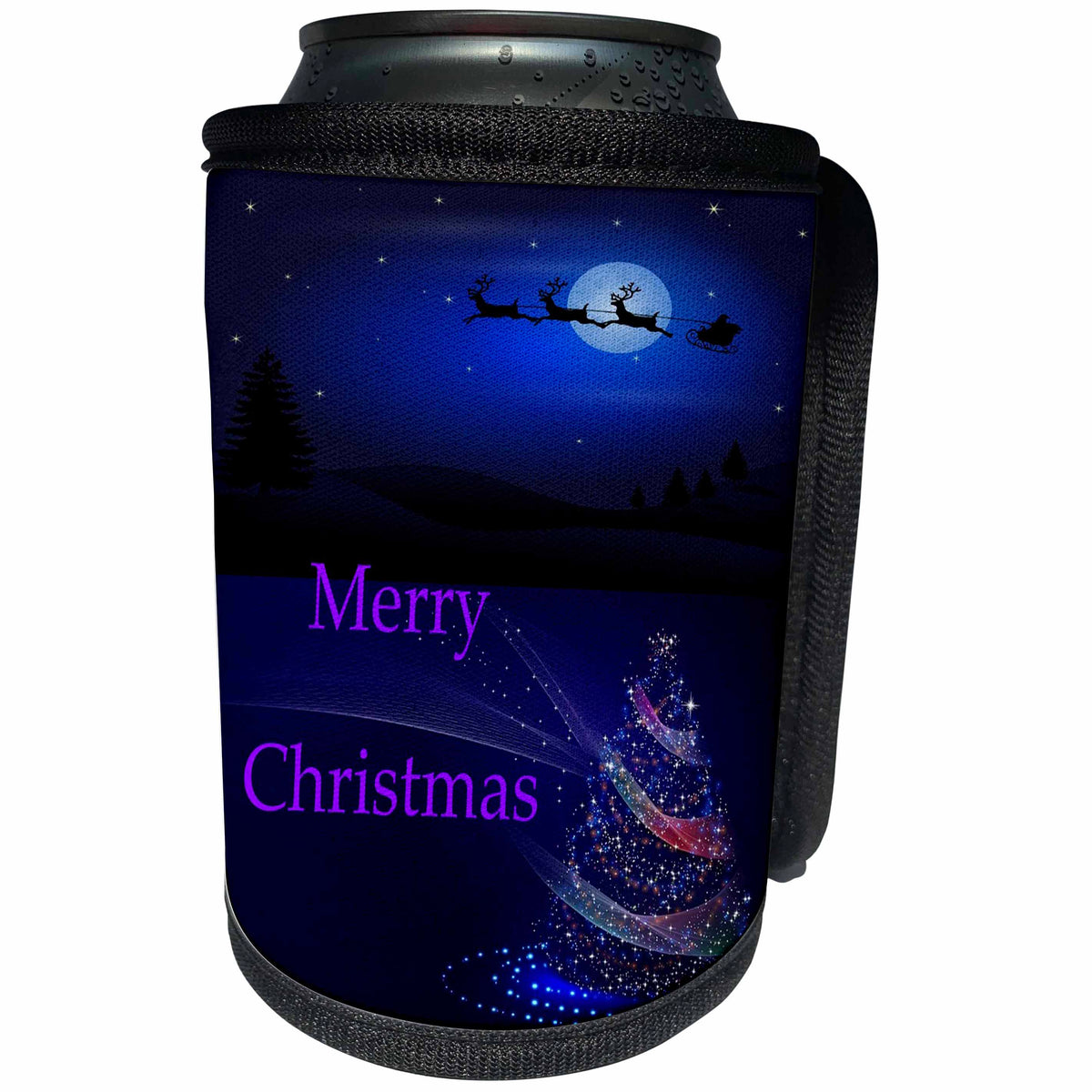 3dRose Christmas - Image of Purple And Blue Nite Sky With Santa And Reindeer - Can Cooler Bottle Wrap (cc_290332)